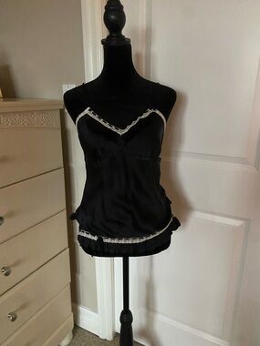 SportSaint Black Satin Lace-Trim Cami - Small